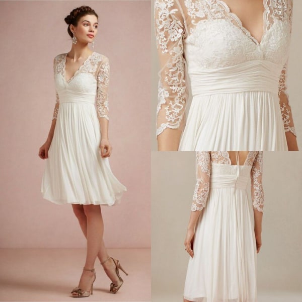 Boho Elegant Korta Bröllopsklänningar 2023 V-hals Knälång Spets 3/4 långa ärmar Strandbrudklänningar Illusion Vestido De Novia White 14