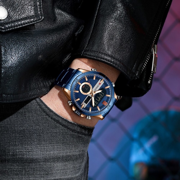 CURREN Mode Sport Blå Digitala klockor för män med kronograf i rostfritt stål Luminou Armbandsur LED Watch för män gold box