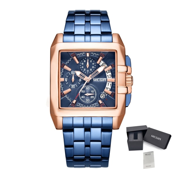 MEGIR Original Lyx Watch Rostfritt stål Herr Quartz Armbandsur Business Big Dial Armbandsur Relogio Masculino 2018 Bluerose