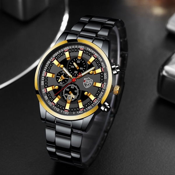 Lyxmärke Herr Företagsklockor Mode Herr Sport Vattentät rostfritt stål Quartz Watch självlysande klocka Leather Black Gold