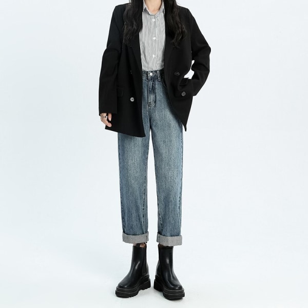 FINORD Hög midja Casual Beige Baggy Jeans Dam Koreanska höstjeans Streetwear Harajuku Vintage Vinter Raka jeansbyxor Beige L