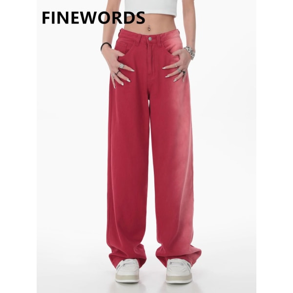 FINORD Hög midja Breda ben Röda jeans Kvinnor Koreanska Casual Streetwear Gradient Färg Jeans Vintage Löstvättade jeansbyxor Red S