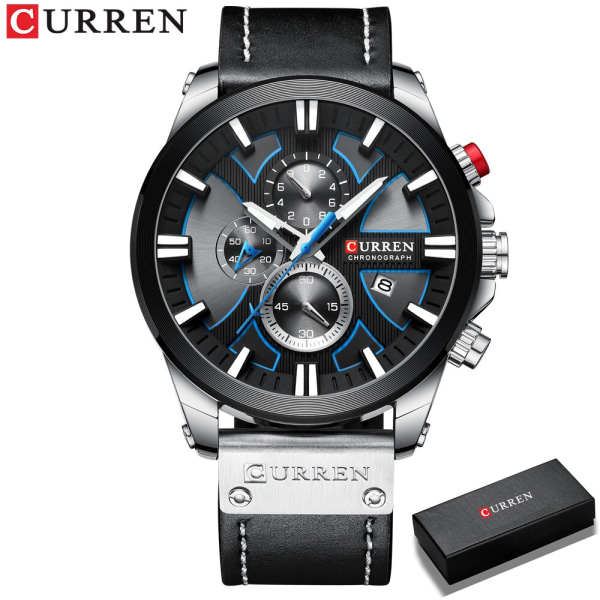 CURREN Watch för män Mode Sport Quartz Clock Top Lyxmärke Läder Militär Vattentät Dateklockor Relogio Masculino black silver box