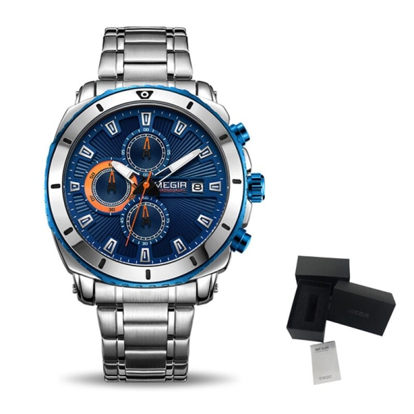 MEGIR Chronograph Quartz Watch Lyxmärke i rostfritt stål Business Armbandsur Man Klocka Timtid Relogio Masculino Blue