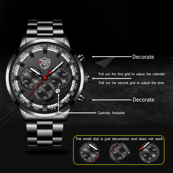 Watch i rostfritt stål Män Elegant armbandsur Quartz Business Manklockor För män Klassisk Noble Clock Mode Lysande Leather Black Silver