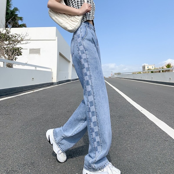 FINORD Tvättad Retro Splicing Gitter Printed Raka Harajuku-jeans Hög midja koreanska Casual Jeans Hellängd Lösa byxor blue S
