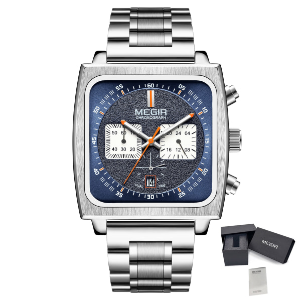 MEGIR Reloj Hombre Luxury Business Watch för män Steel Band Quartz Armbandsur Casual Chronograph Clock Man часы мужские наручные BlueSilver