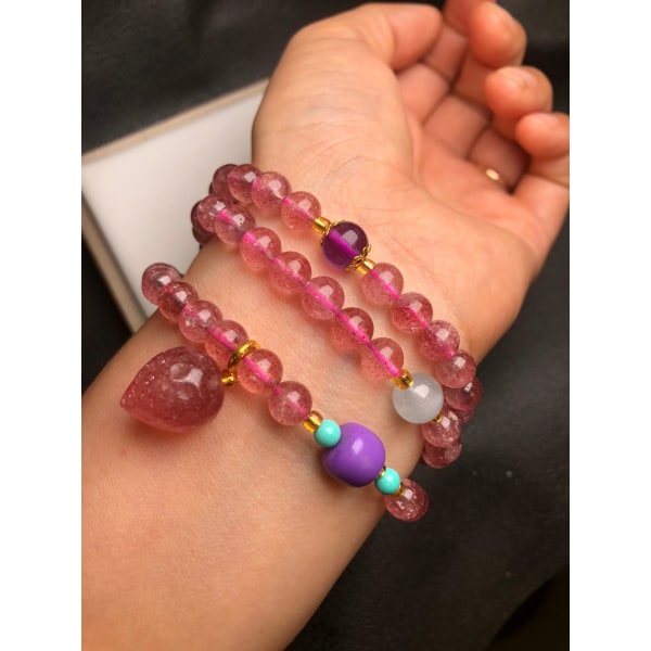 Naturrosa kristall jordgubbshänge armband kvinnor äkta kristaller pärlor Elastiska pärlor Multi-turn amulett armband armband Clear