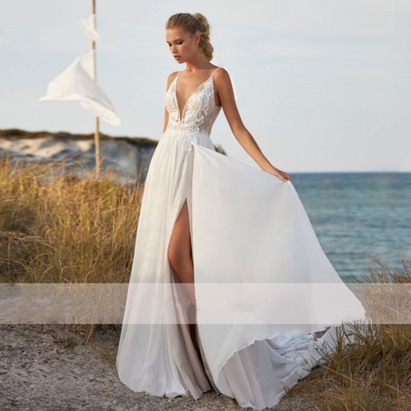 Boho High Split Chiffong Bröllopsklänning 2023 V-ringad Spets Applikationer Ärmlös strandbrudklänning Rygglös A-linje Vestidos De Novia white 14