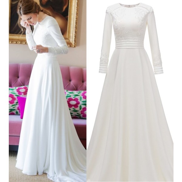 Ny äkta foto Enkel långärmad o-halsveck Mjuk satäng Vintage muslimsk brudklänning Brudklänning Brud Vit bröllopsklänning White 14