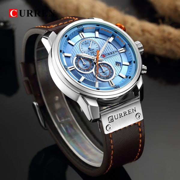 CURREN Watch för män Chronograph Armbandsur Casual Läder Mode Militär Sport Herr Gentleman Quartz Clock 8291 silver blue box