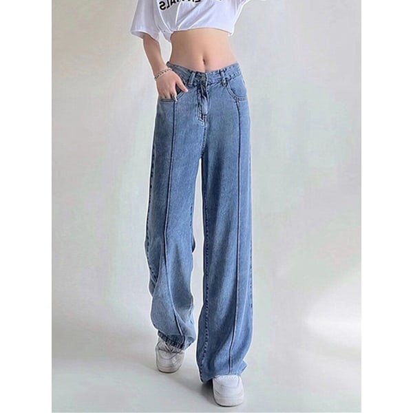 FINEWORDS 2022 Basic Style Tunna jeans med vida ben för kvinnor Koreanska vintage tvättade jeans Streetwear Casual Lösa jeans med hög midja Blue L
