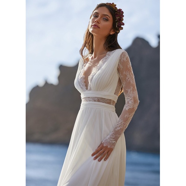 Bohemiska bröllopsklänningar för kvinnor 2022 brud Långärmad V-hals Golvlängd Chiffong A-linje spets Rygg Brudklänningar med skärp ivory 12