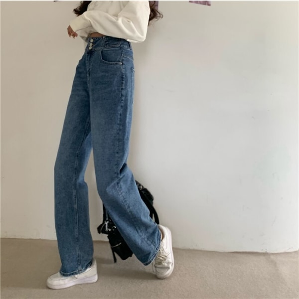FINEWORDS 3-knappar hög midja koreanska jeans dam Vintage Casual Streetwear Mom jeans Lösa 2022 jeansbyxor med vida ben Blue M