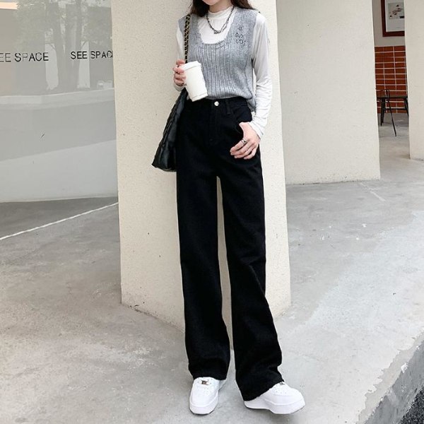 FINORD Vintage svarta jeans med hög midja koreanska Casual lösa jeans med vida ben Streetwear Hellängd Harajuku raka jeans Black S
