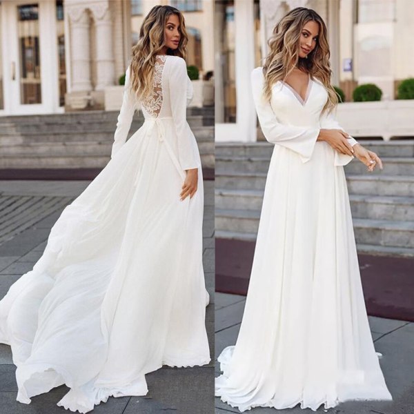 Långärmad Bröllopsklänning 2023 Satin Enkel V-ringad Applikationer Brudklänning Elegant Sashes Vintage För Kvinnor Civil Customize White 4