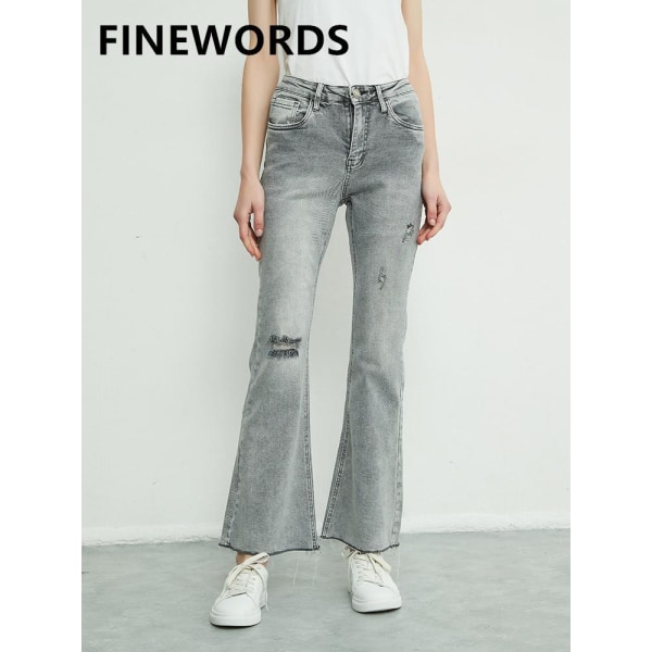 FINORDS Spring Grey Ripped Jeans For Women Skinny High Waist Bell Bottom Jeans Vintage Slim Streetwear Korean Denim Flare Pant gray 28