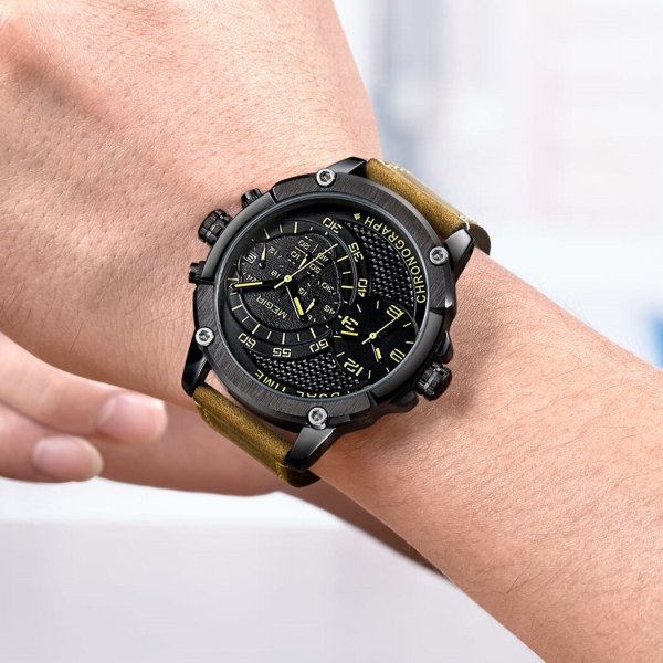 MEGIR Luxury Business Klockor för män Läderrem Casual Sport Armbandsur Chronograph Vattentät manlig klocka Reloj Hombre BlackBrown