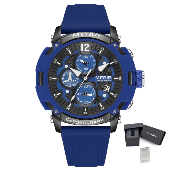 MEGIR Klockor Herr Chronograph Quartz Watch Topp Märke Lyx Militär Sport Armbandsur Silikon Vattentät Man Klocka 2208 Blue