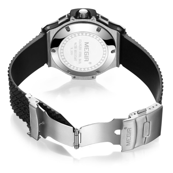 MEGIR Herr Sportklockor Silikonarmband Militär Quartz Watch Luxury Man Chronograph Clock Casual Vattentäta Armbandsur 2050 Black