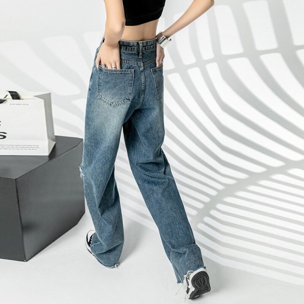 FINORD Ripped Casual Vintage Jeans Dam Koreanska High Waist Baggy Jeans  Streetwear Harajuku Full Längd Washed Denim Byxor Blue XS 7512 | Blue | XS  | Fyndiq
