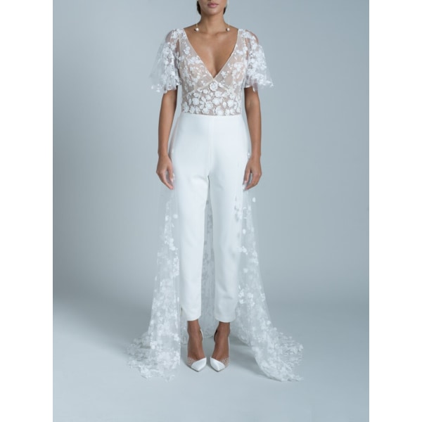 Boho White Backless Jumpsuit Kort ärm Spets V-hals Strand Brudklänning Byxor Kostym med tåg Vestidos De Novia ivory 14
