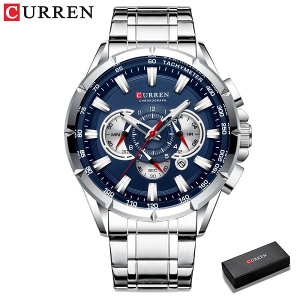 CURREN Watch Casual Sport Chronograph Armband i rostfritt stål Svart Stor urtavla Quartz Vattentät klocka Lysande display silver blue box