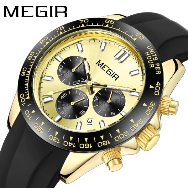 MEGIR Sports Herrklockor Toppmärke Herr Lyx Militär Quartz Watch Silikon Lysande Kronograf Man Klocka Watch 8104 GoldBlack