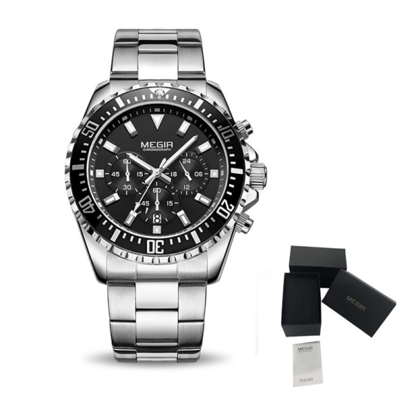 MEGIR Business Watches Herr Lyx Quartz Luminous Armbandsur Vattentät Rostfritt Stål Man Date Watch Reloj Hombre 2064 SilverBlack
