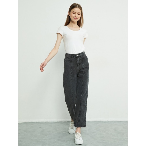 FINEWORDS 2022 våren hög midja raka jeans kvinnor koreanskt nytt mode mamma jeans Hellängd lösa jeansbyxor vida ben skyblue M