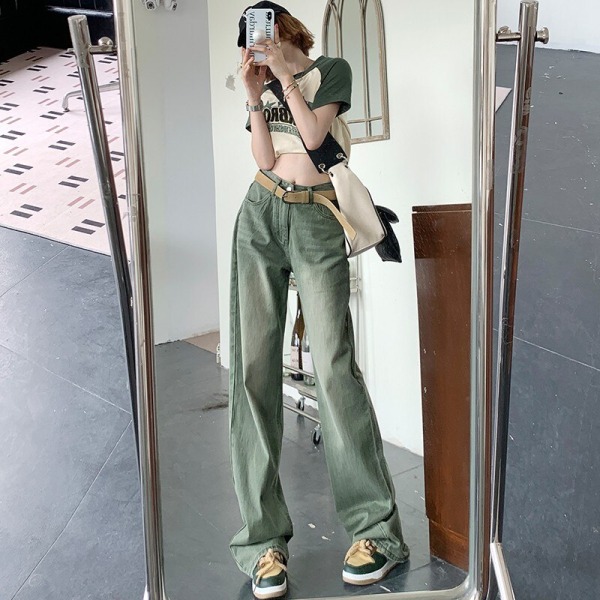 FINORD Vintage tvättade gröna y2k jeans kvinnor koreanska Baggy jeans med vida ben Streetwear Punk vintage Casual jeansbyxor med hög midja Green XS