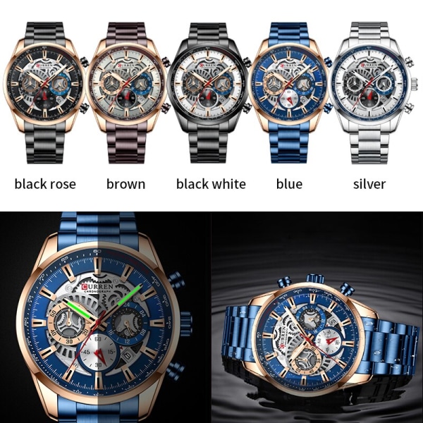 CURREN Herr Quartz Armbandsur Casual Sport Klockor i rostfritt stål för manlig kronograf och lysande handklocka black watch box