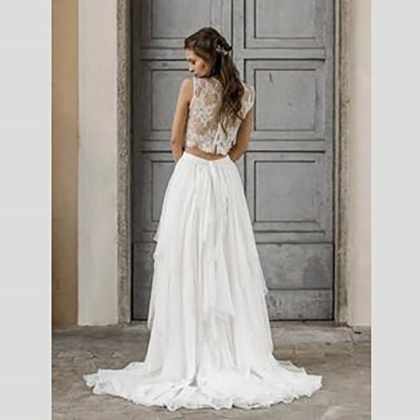 Bohemian Elegant Bröllopsklänning 2 delar Vintage ärmlös spets Strandbrudklänningar Tåg Elegant Chiffong Bröllopsklänningar white 10