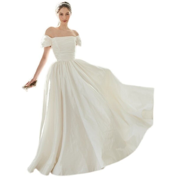 Fransk stil Slida Båthals Bröllopsklänning Ärmlös 2023 Bröllopsklänningar Off the Shoulder Stain vestido de noiva robe de mariée picture color 2