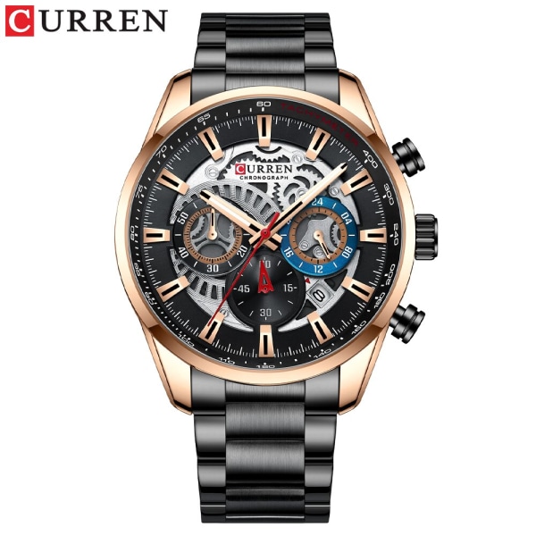 CURREN Herr Quartz Armbandsur Casual Sport Klockor i rostfritt stål för manlig kronograf och lysande handklocka black rose watch