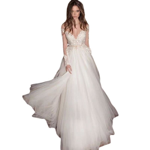 Boho Spets A-linje Bröllopsklänningar med djup V-ringning för kvinnor 2023 Bohemian robe de mariée Brudklänningar vestidos de novia Ivory 12