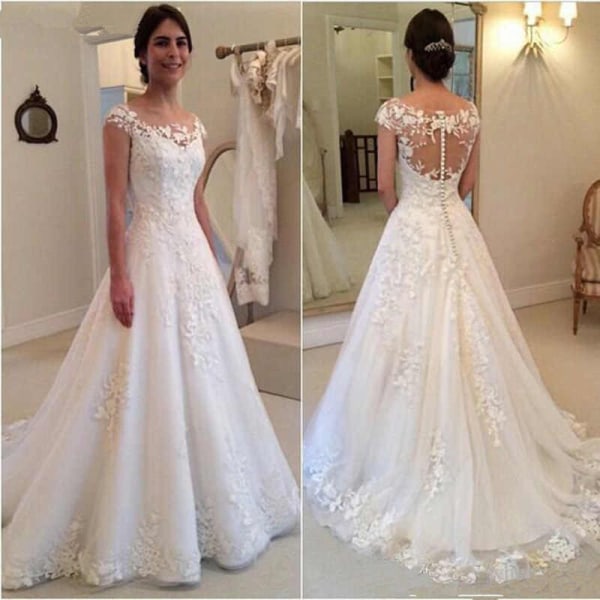 Vita eleganta bröllopsklänningar med applicerade bröllopsklänningar 2023 Sheer Back Cap ärmar Vintage spets Brudklänning Vestidos De Novia A-linje White 12