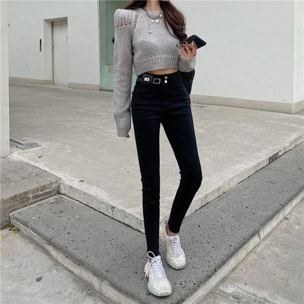 FINORD Skinny Stretch Hög midja Svarta jeans Kvinnor Med Liten Väska Sexiga Koreanska Push Up Jeans Vintage Casual Denim Pencil Byxor Black L