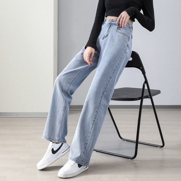 FINORD Hög midja Höst Vinter Beige Jeans med breda ben Dam Koreanska Casual Lösa Mom Jeans Streetwear Harajuku jeansbyxor Blue M