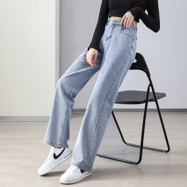 FINORD Hög midja Höst Vinter Beige Jeans med breda ben Dam Koreanska Casual Lösa Mom Jeans Streetwear Harajuku jeansbyxor Blue S