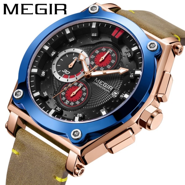 MEGIR Blue Quartz Herrklockor Toppmärke Läderrem Kronograf Watch Herrklocka Relogio Masculino Reloj Hombre BlackSilver