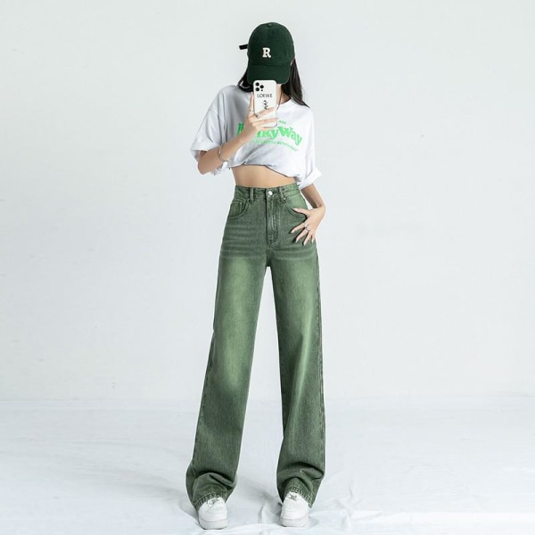 FINORD Mode Vintage tvättade gröna jeans kvinnor Casual hög midja koreanska baggy jeans Punk Streetwear lösa jeans med vida ben Green XL