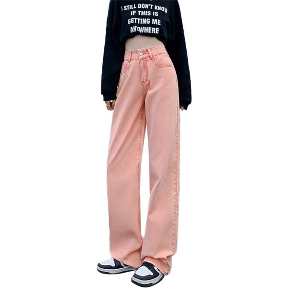 FINEWORDS 2023 Vintage Baggy Rosa Wide Leg Jeans Dam Koreanska Casual Jeans Lösa High Waist Streetwear Punk Raka Mom Jeans Pink S