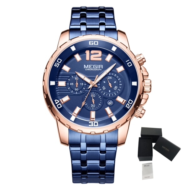 MEGIR Militärklockor i rostfritt stål för män Luxury Quartz Business Armbandsur Lysande Vattentät Date Clock Chronograph 2068 RoseBlue