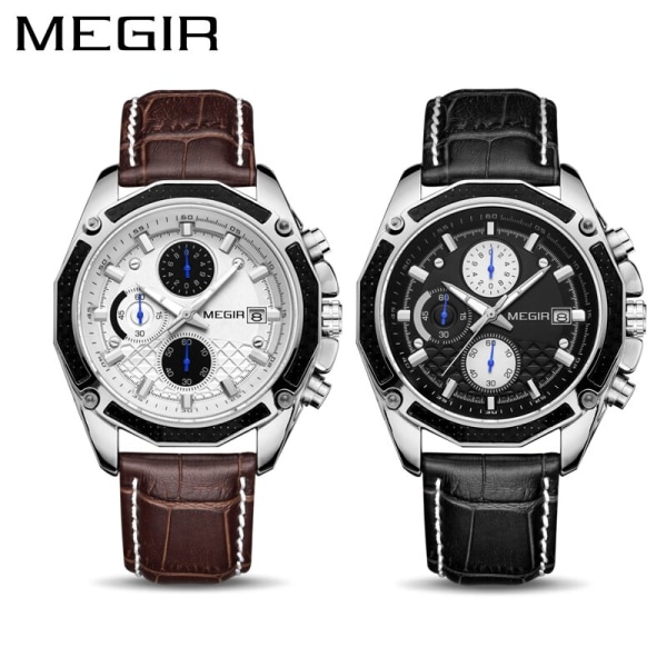 MEGIR Fashion Luxury Sport Watches Luxury Brand Waterproof Leather Chronograph Quartz Military Wristwatch Clock for Men 2015 Black