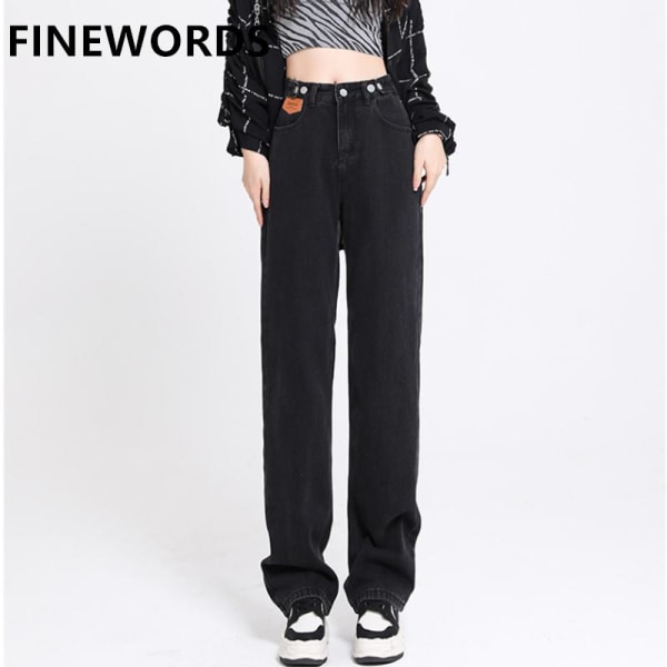 FINORD Harajuku Casual Vintage svarta raka jeans kvinnor koreanska hög midja vid ben jeans Streetwear Punk Baggy jeansbyxor Black M