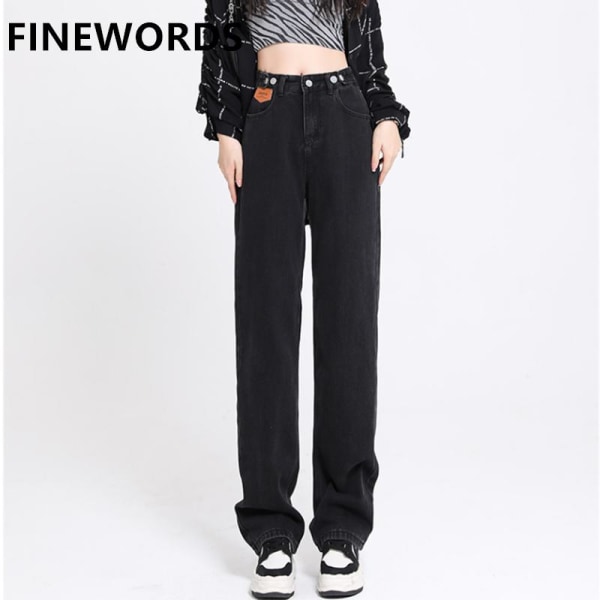 FINORD Harajuku Casual Vintage svarta raka jeans kvinnor koreanska hög midja vid ben jeans Streetwear Punk Baggy jeansbyxor Black XS