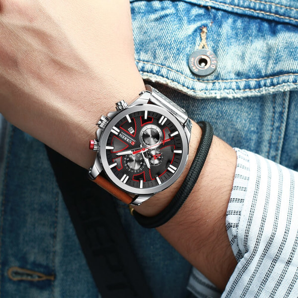 CURREN Watch för män Mode Sport Quartz Clock Top Lyxmärke Läder Militär Vattentät Dateklockor Relogio Masculino black silver black
