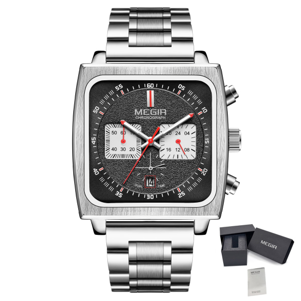 MEGIR Reloj Hombre Luxury Business Watch för män Steel Band Quartz Armbandsur Casual Chronograph Clock Man часы мужские наручные BlackSilver