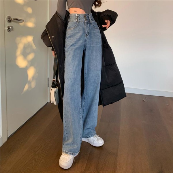 FINEWORDS 2021 våren 3-knappar hög midja jeans kvinnor koreanska Streetwear Casual raka jeans Vintage jeans lösa jeans med vida ben Blue M